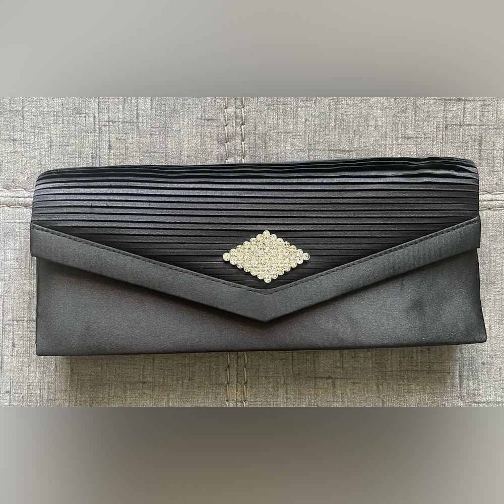 Vintage Jessica McClintock Black Satin w/rhinestone Accent Evening Clutch